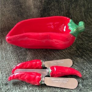 Red Chili Pepper Dip Bowl and Spreader Knives